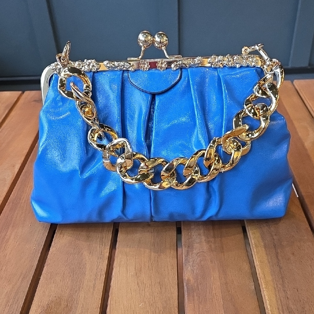 Elegant Blue Clutch with Gold Chain